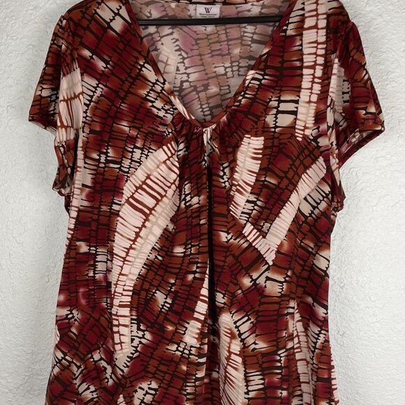 WORTHINGTON Woman Stretch 2X KNIT BLOUSE TOP Short Sleeves V-NECK Brown Black - Picture 2 of 15